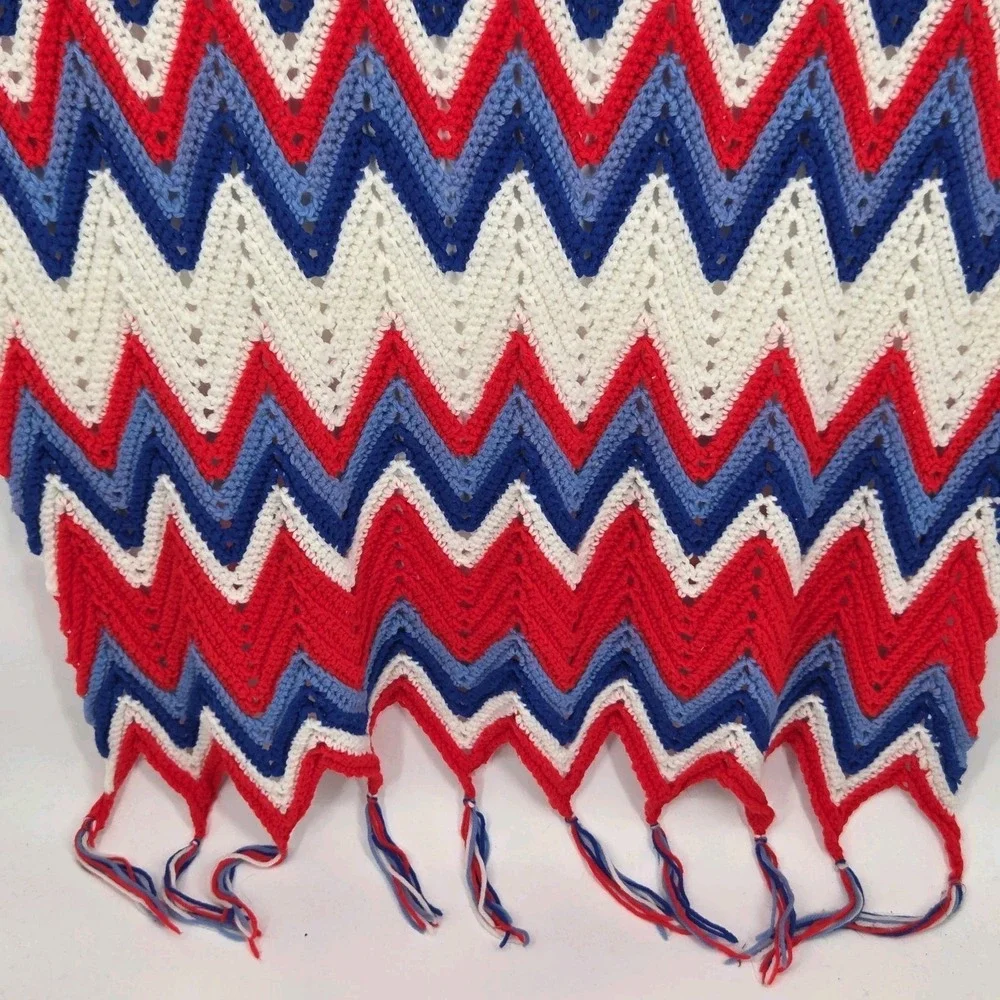 Vintage Handmade Crochet Afghan Blanket With Fringe – Red/White/Blue 72